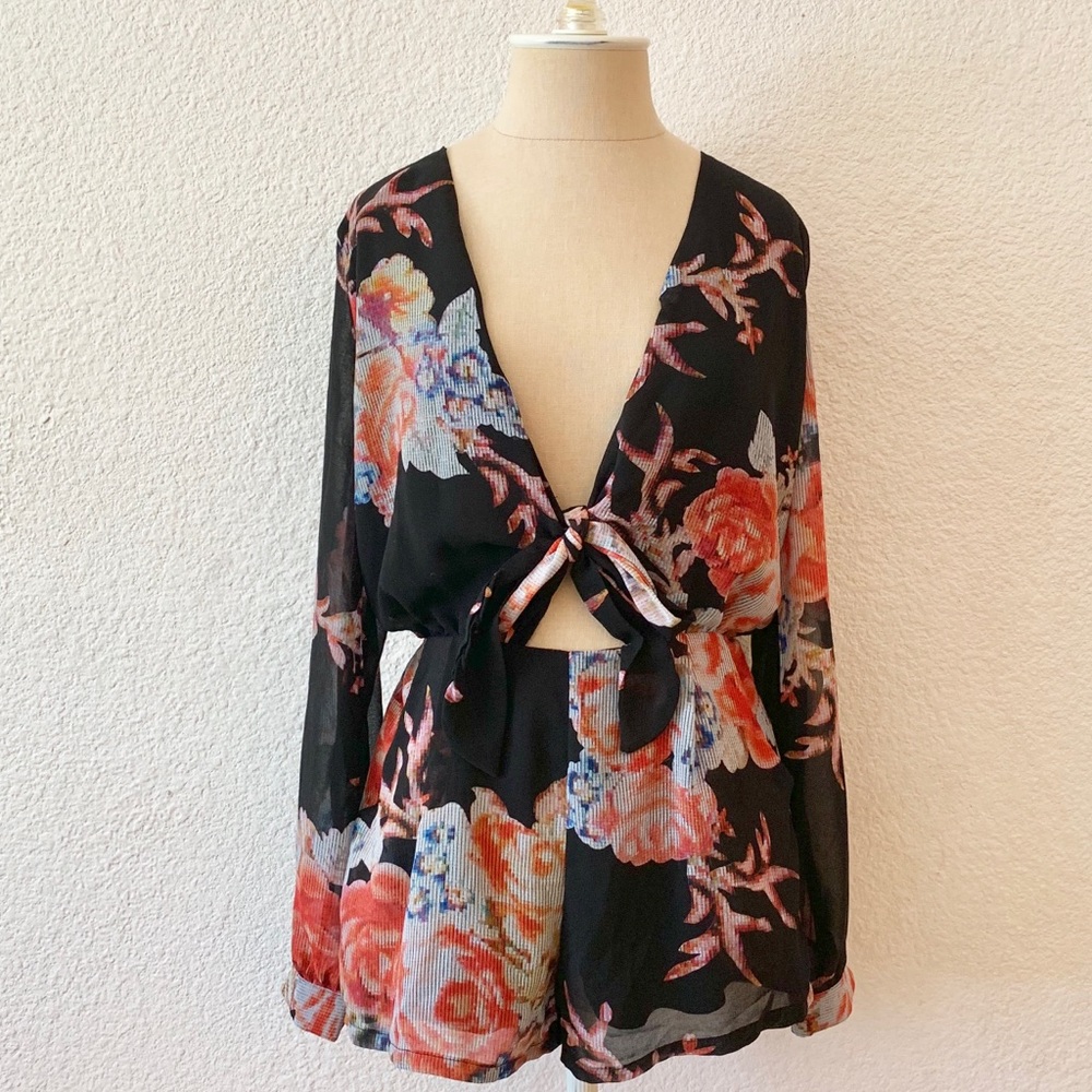 Low Cut Floral Romper with Mid Cut-Out & Pockets
